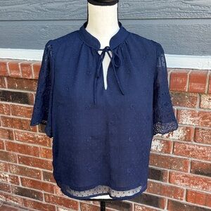 LOFT Navy Blue Short Sleeve Split Neck Blouse Top Women's Small S SP24